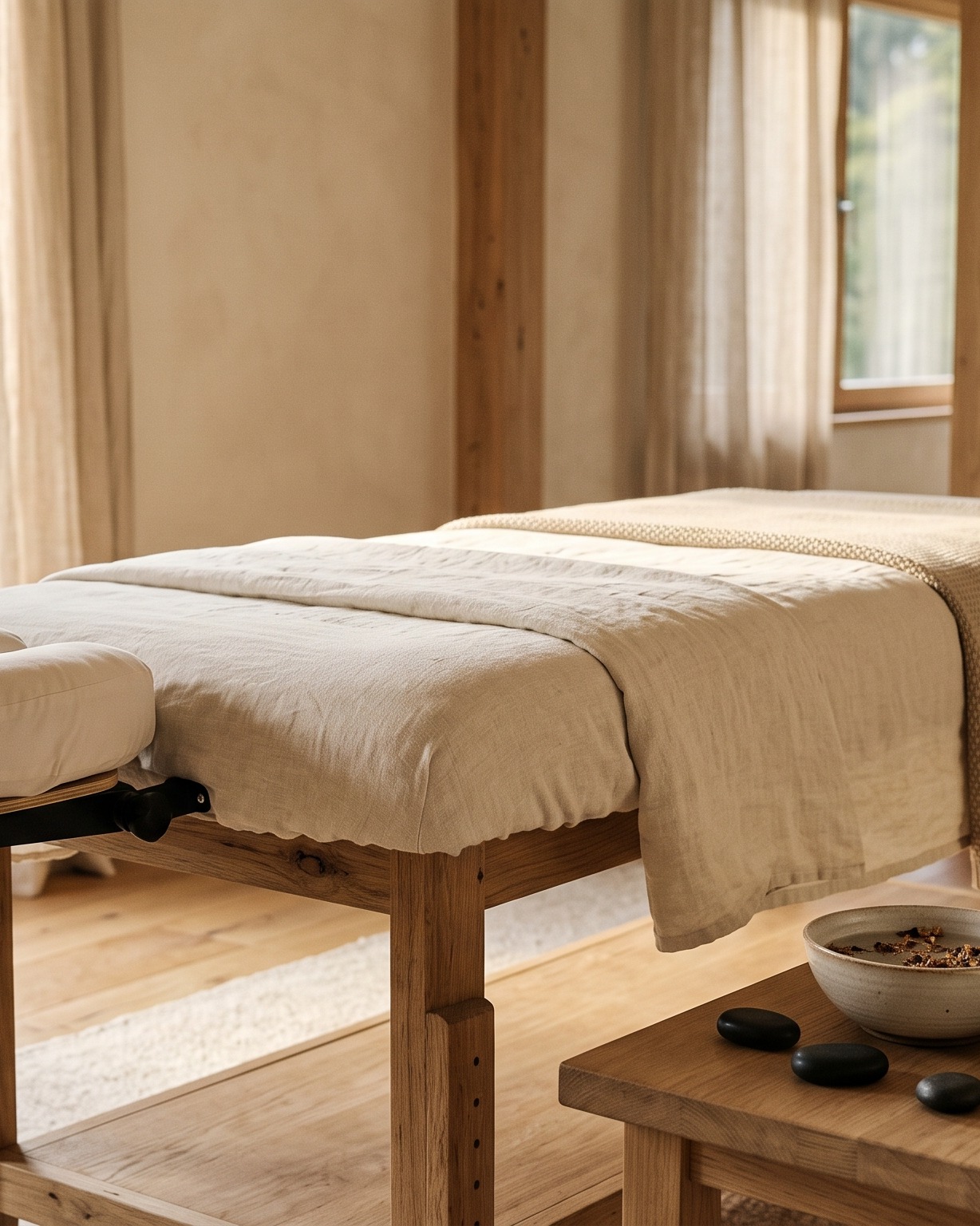 Ruhiger Massageraum mit warmem, natürlichem Licht