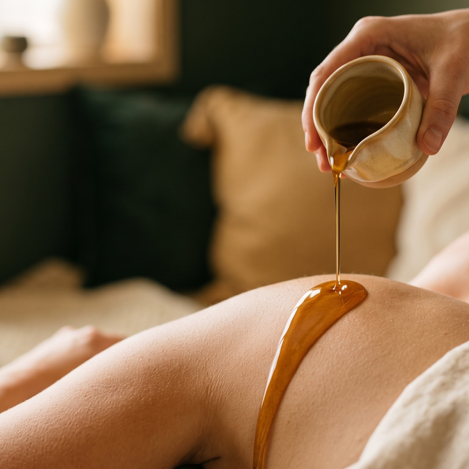 Warmes Massageöl im goldenen Licht