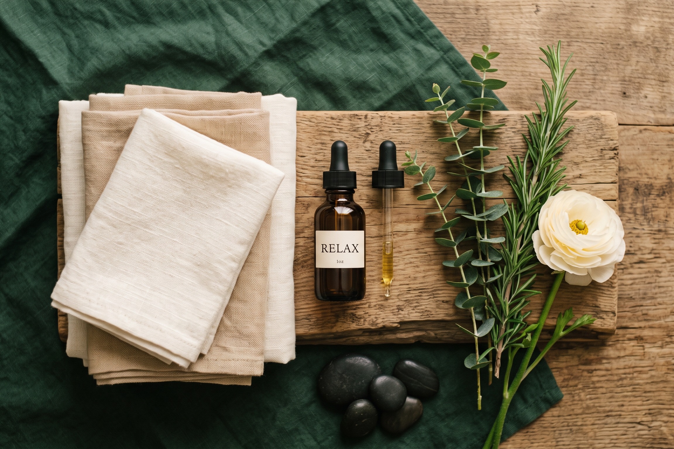Vorbereitete Massagebehandlung mit biologischen Ölen und Leinentüchern